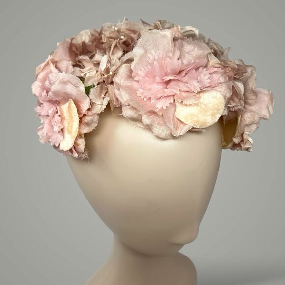 1950s Pink Floral Juliet Cap Bridal Hat Union Made Vintage main image 6